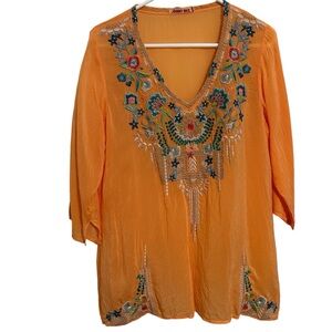 Johnny Was Orange Sheer Embroidered 3/4 Sleeve Tunic Blouse Size Medium